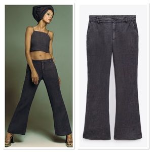Zara Mid-Rise Linen Flared Pants Sz:L Anthracite Grey